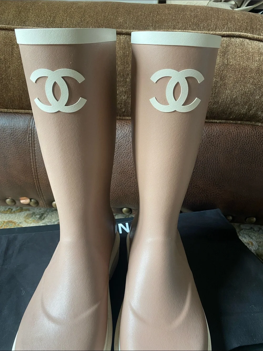 NEW CHANEL Blush Pink and Cream Tall Logo Rain Boots 2025 Collection Size 38